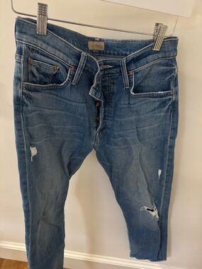 MOTHER Boyfriend Jeans in Medium Blue Distressed Wash